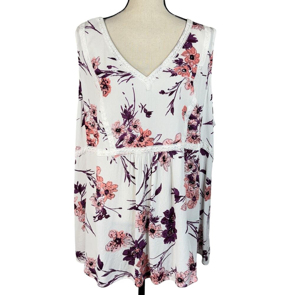 Lane Bryant SZ 24 Babydoll Top Floral Sleeveless V-Neck Crochet Accent Hi-Low